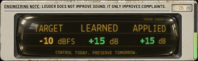 Animated Sound Check CRT display showing the target level, the learned gain, and the gain being applied